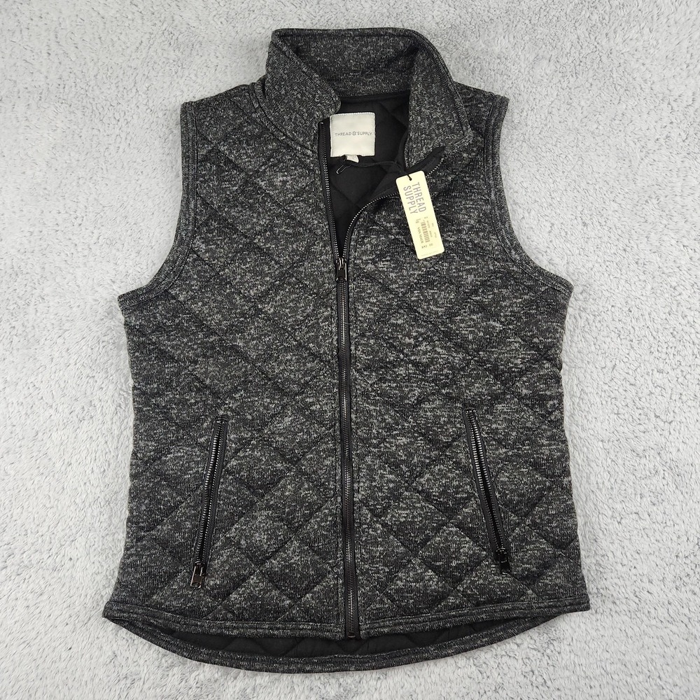 Thread & Supply Vest Womens Large Quilted Black Gray Full Zip Pockets JKX645 NEW